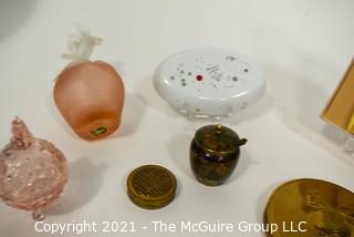 Vintage Vanity Table Items Including Perfume Bottles, Celluloid Brush Set, Powder Compact & Trinket Dish