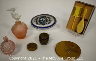 Vintage Vanity Table Items Including Perfume Bottles, Celluloid Brush Set, Powder Compact & Trinket Dish