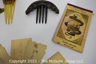 Group of Antique Victorian Vanity Drawer Items.  Includes Daguerreotype Photo of Young Boy, Calling Cards, Hair Combs, Spectacles Eye Glasses and Easter Greeting Cards. 