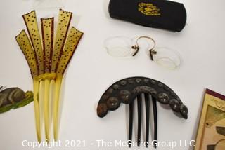 Group of Antique Victorian Vanity Drawer Items.  Includes Daguerreotype Photo of Young Boy, Calling Cards, Hair Combs, Spectacles Eye Glasses and Easter Greeting Cards. 