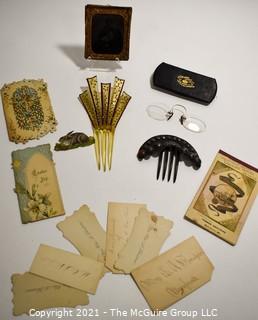 Group of Antique Victorian Vanity Drawer Items.  Includes Daguerreotype Photo of Young Boy, Calling Cards, Hair Combs, Spectacles Eye Glasses and Easter Greeting Cards. 