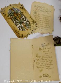 Group of Antique Victorian Vanity Drawer Items.  Includes Daguerreotype Photo of Young Boy, Calling Cards, Hair Combs, Spectacles Eye Glasses and Easter Greeting Cards. 