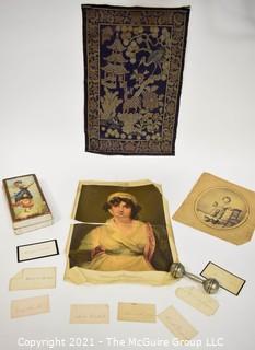 Antique Victorian Grouping. Including Large Cigarette or Tobacco Silk, Asian Tapestry, Baby Rattle, Calling Cards, & Photograph.  Split in cigarette silk. 