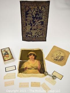 Antique Victorian Grouping. Including Large Cigarette or Tobacco Silk, Asian Tapestry, Baby Rattle, Calling Cards, & Photograph.  Split in cigarette silk. 