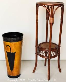 Contemporary Asian Style Rattan Plant Stand and Painted Metal Umbrella Stand.