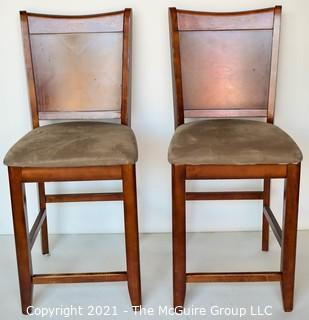 Two (2) Contemporary Wood Bar Stools with Suede Cushion and Back