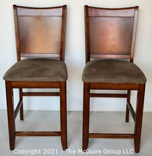 Two (2) Contemporary Wood Bar Stools with Suede Cushion and Back