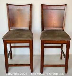 Two (2) Contemporary Wood Bar Stools with Suede Cushion and Back