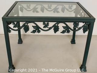 Contemporary Heavy Cast Iron with Green Patina Outdoor Garden Side Table with Glass Top Insert.  Measures 17" x 20" x 26".