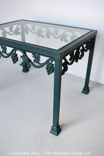 Contemporary Heavy Cast Iron with Green Patina Outdoor Garden Side Table with Glass Top Insert.  Measures 17" x 20" x 26".