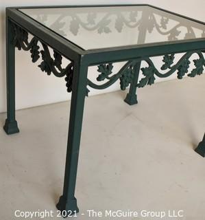 Contemporary Heavy Cast Iron with Green Patina Outdoor Garden Side Table with Glass Top Insert.  Measures 17" x 20" x 26".