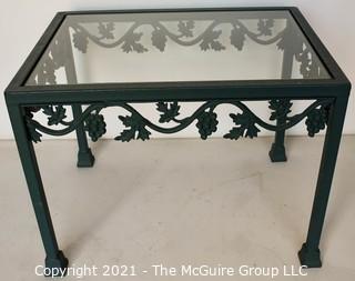 Contemporary Heavy Cast Iron with Green Patina Outdoor Garden Side Table with Glass Top Insert.  Measures 17" x 20" x 26".