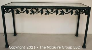 Contemporary Heavy Cast Iron with Green Patina Outdoor Garden Console Table with Glass Top Insert.  Measures 19" x 27" x 51".