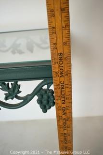 Contemporary Heavy Cast Iron with Green Patina Outdoor Garden Console Table with Glass Top Insert.  Measures 19" x 27" x 51".