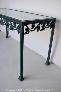 Contemporary Heavy Cast Iron with Green Patina Outdoor Garden Console Table with Glass Top Insert.  Measures 19" x 27" x 51".