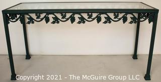 Contemporary Heavy Cast Iron with Green Patina Outdoor Garden Console Table with Glass Top Insert.  Measures 19" x 27" x 51".