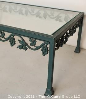 Contemporary Heavy Cast Iron with Green Patina Outdoor Garden Coffee Table with Glass Top Insert.  Measures 16" x 25" x 42".