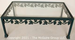 Contemporary Heavy Cast Iron with Green Patina Outdoor Garden Coffee Table with Glass Top Insert.  Measures 16" x 25" x 42".