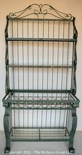 Wrought Iron with Green Faux Patina Garden Bakers Rack with Bottle Holder.  Missing top piece of glass.  Measures 30" x 17" x 38". 