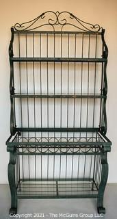 Wrought Iron with Green Faux Patina Garden Bakers Rack with Bottle Holder.  Missing top piece of glass.  Measures 30" x 17" x 38". 