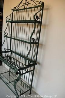 Wrought Iron with Green Faux Patina Garden Bakers Rack with Bottle Holder.  Missing top piece of glass.  Measures 30" x 17" x 38". 