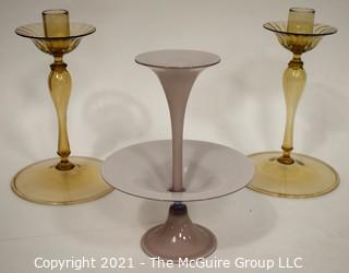 Three Hand Blown Glass Tiered Candlesticks. 