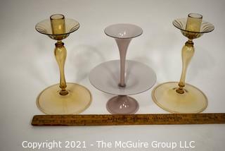 Three Hand Blown Glass Tiered Candlesticks. 