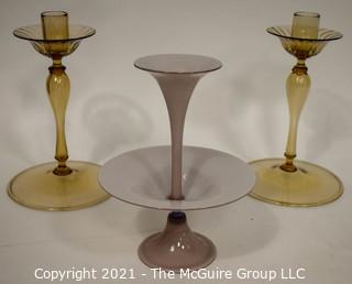 Three Hand Blown Glass Tiered Candlesticks. 