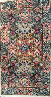 Hand Woven Persian Rug on White Ground. Measures approximately 26" x 49".