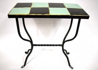 Vintage Wrought Iron Table with Turquoise and Black Tile Insert.  Measures 18" tall, 19" long and 9" wide.