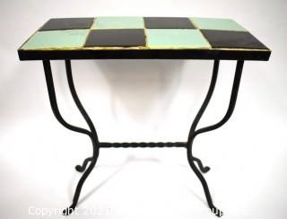 Vintage Wrought Iron Table with Turquoise and Black Tile Insert.  Measures 18" tall, 19" long and 9" wide.