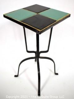 Vintage Wrought Iron Table with Turquoise and Black Tile Insert. Measures 17" tall and and 9" square.