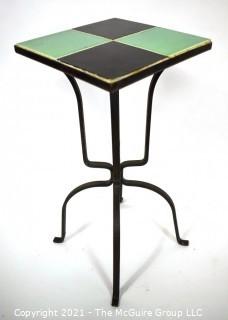 Vintage Wrought Iron Table with Turquoise and Black Tile Insert. Measures 17" tall and and 9" square.