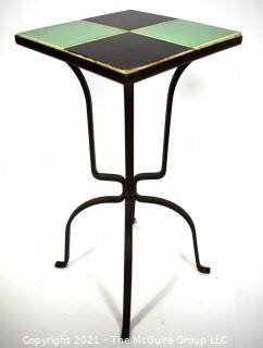 Vintage Wrought Iron Table with Turquoise and Black Tile Insert. Measures 17" tall and and 9" square.