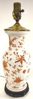 Antique Japanese Hand Painted Porcelain Lamp, White with Red Flowers. 