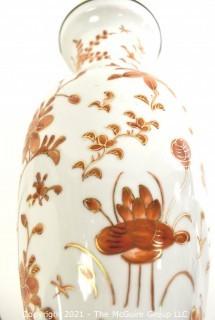 Antique Japanese Hand Painted Porcelain Lamp, White with Red Flowers. 