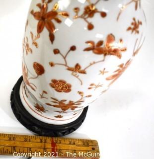 Antique Japanese Hand Painted Porcelain Lamp, White with Red Flowers. 