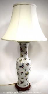 Vintage Asian Porcelain Lamp with Hand Painted Butterflies and Shade. 