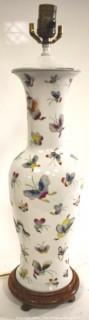 Vintage Asian Porcelain Lamp with Hand Painted Butterflies and Shade. 