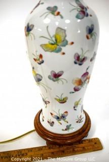 Vintage Asian Porcelain Lamp with Hand Painted Butterflies and Shade. 