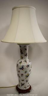 Vintage Asian Porcelain Lamp with Hand Painted Butterflies and Shade. 