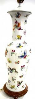 Vintage Asian Porcelain Lamp with Hand Painted Butterflies and Shade. 