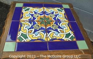 Carved Wooden Side Table with Four (4) Inset Glazed Moroccan Tiles.  Measures 17" tall & 17" Square. 