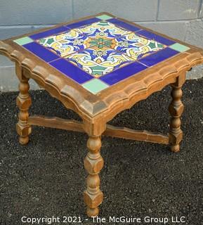 Carved Wooden Side Table with Four (4) Inset Glazed Moroccan Tiles.  Measures 17" tall & 17" Square. 