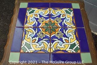 Carved Wooden Side Table with Four (4) Inset Glazed Moroccan Tiles.  Measures 17" tall & 17" Square. 