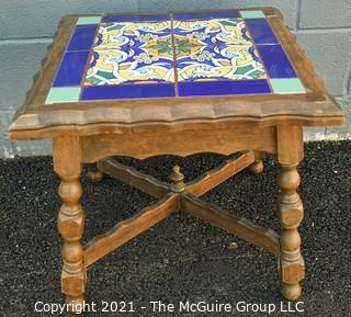 Carved Wooden Side Table with Four (4) Inset Glazed Moroccan Tiles.  Measures 17" tall & 17" Square. 