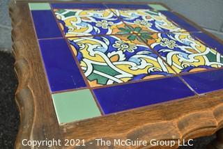 Carved Wooden Side Table with Four (4) Inset Glazed Moroccan Tiles.  Measures 17" tall & 17" Square. 