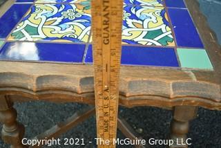 Carved Wooden Side Table with Four (4) Inset Glazed Moroccan Tiles.  Measures 17" tall & 17" Square. 