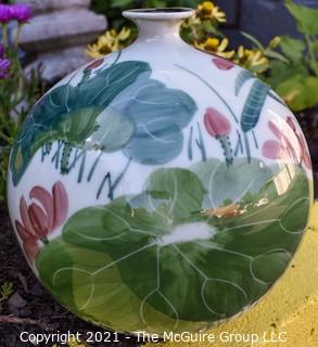 Asian Round Hand Painted Floral Vase with Chop Mark on Bottom.  Measures 9" tall.