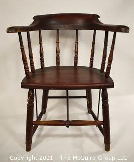 18th Century Antique Windsor Chair With Extended Arms and Metal Braces. 